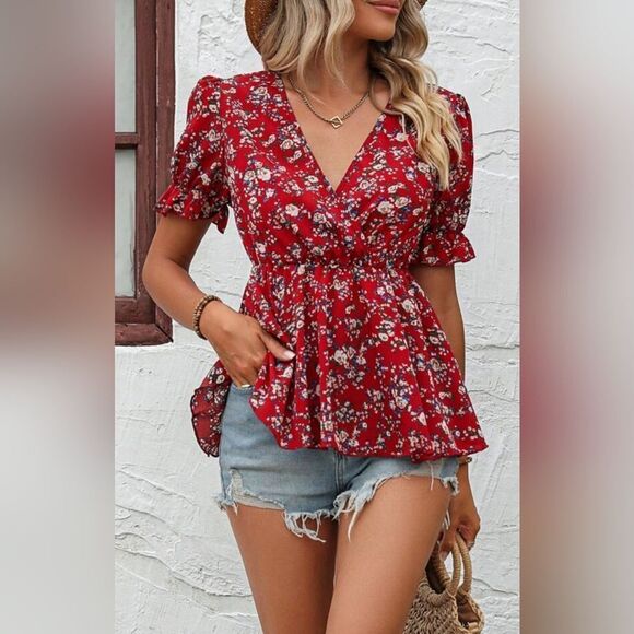 Hapsha red floral cross front top - Picture 1 of 7